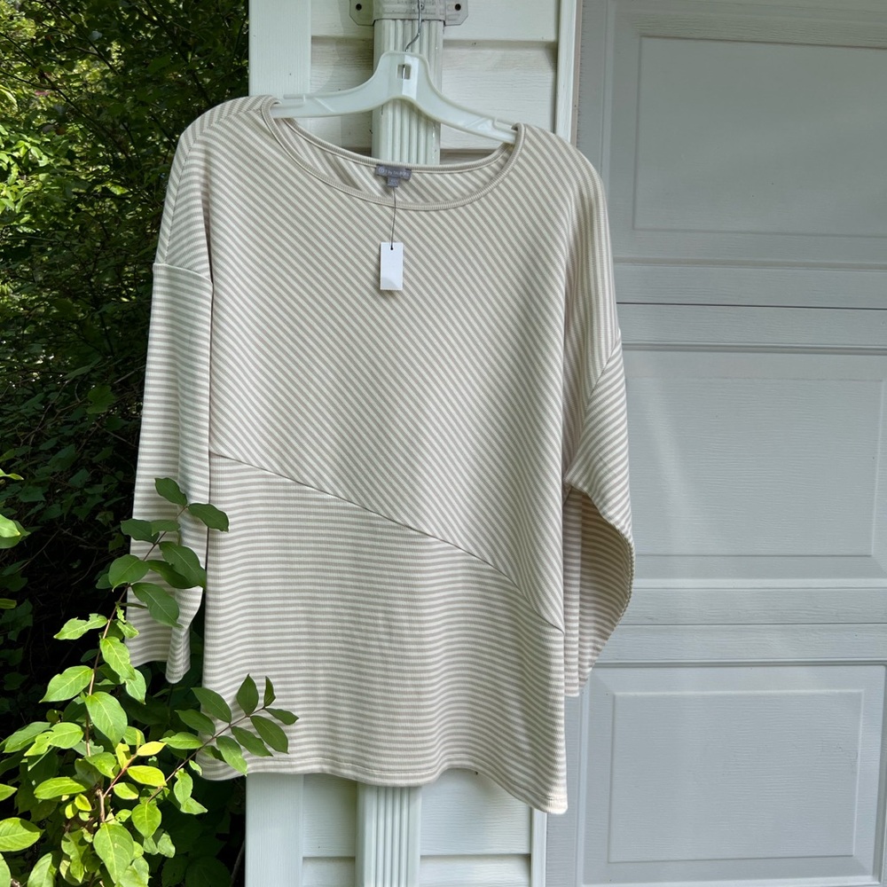 NWT T By Talbots Pretty Khaki White Stripe Diagonal Stripe 3/4 Sleeve Top